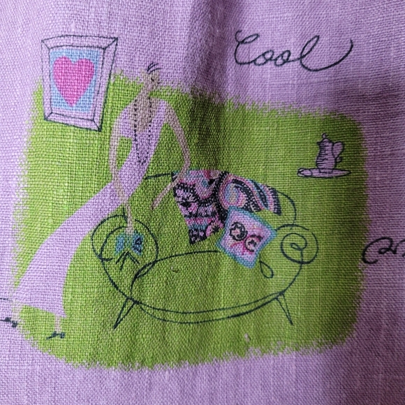 Vintage Tom Tom Linen Skirt L Artsy Cafe Print Straight Midi 90s USA - Picture 4 of 9